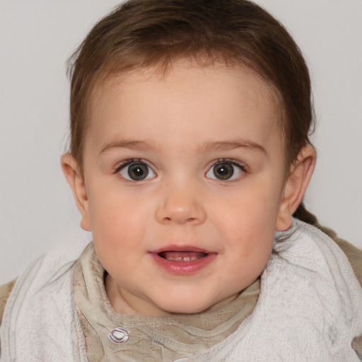 Joyful white child female with medium  brown hair and blue eyes