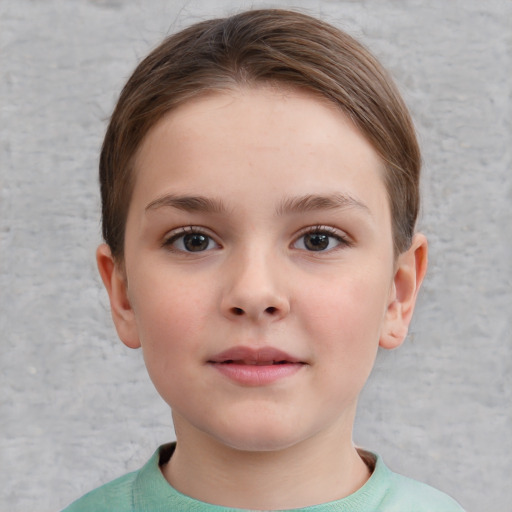 Neutral white child female with short  brown hair and brown eyes