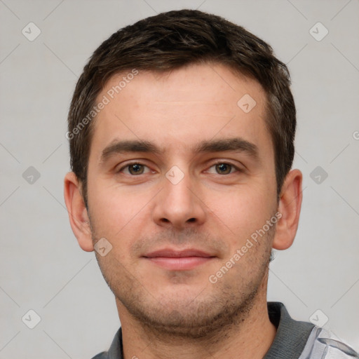 Neutral white young-adult male with short  brown hair and grey eyes