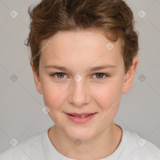 Joyful white child female with short  brown hair and brown eyes