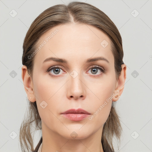 Neutral white young-adult female with medium  brown hair and grey eyes