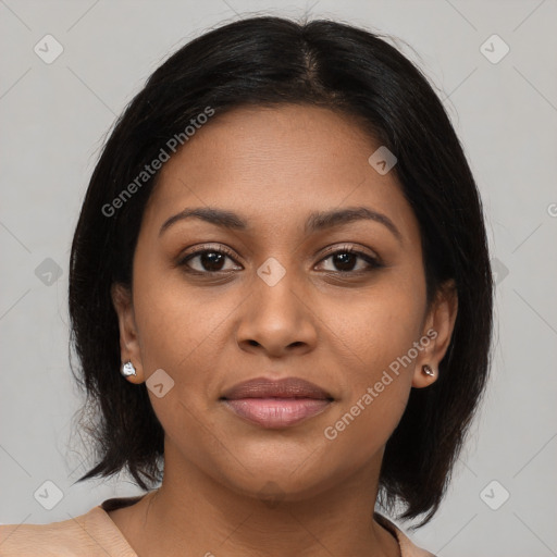 Joyful black young-adult female with medium  brown hair and brown eyes