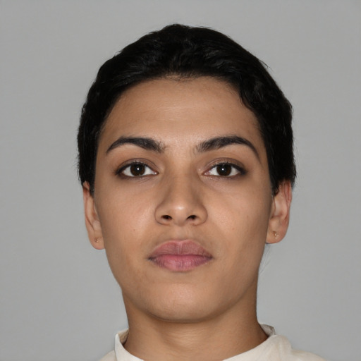 Neutral latino young-adult female with short  black hair and brown eyes