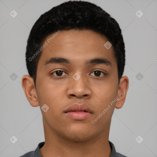 Neutral latino young-adult male with short  black hair and brown eyes