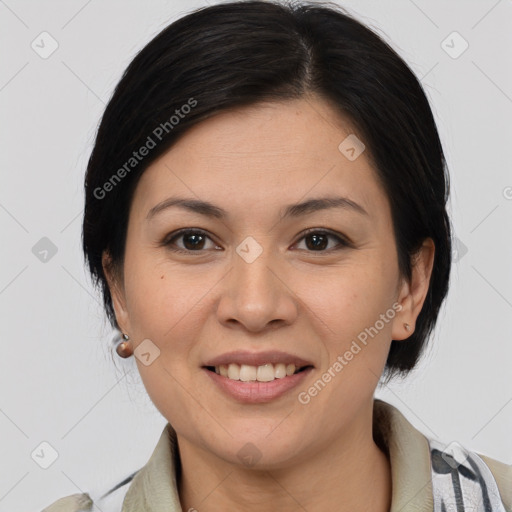 Joyful white young-adult female with medium  brown hair and brown eyes