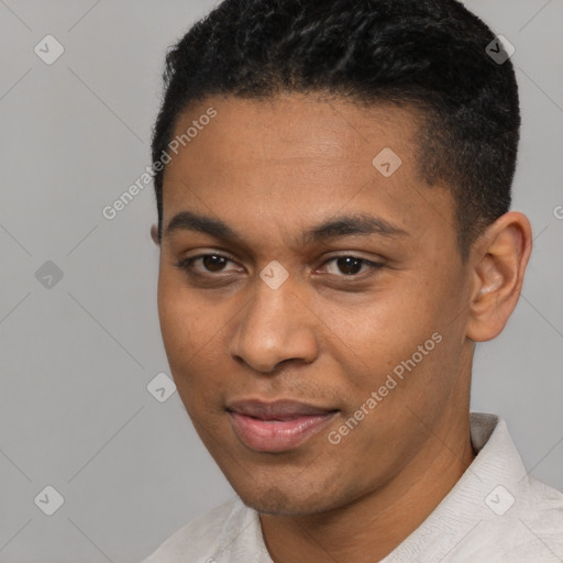 Joyful black young-adult male with short  black hair and brown eyes