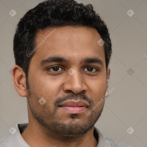 Neutral latino young-adult male with short  brown hair and brown eyes