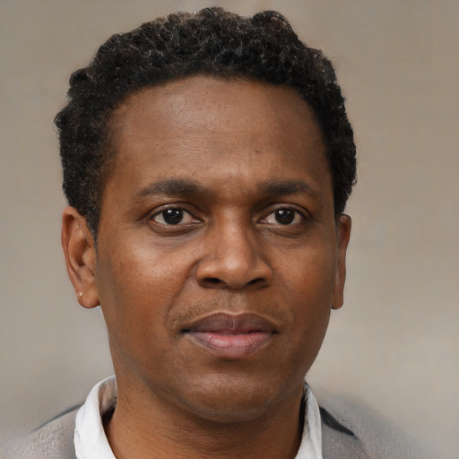 Joyful black young-adult male with short  brown hair and brown eyes