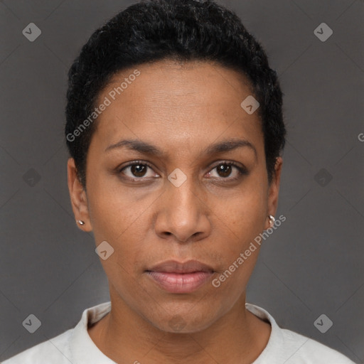 Neutral black young-adult female with short  black hair and brown eyes