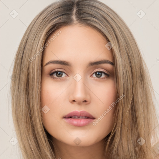 Neutral white young-adult female with long  brown hair and brown eyes