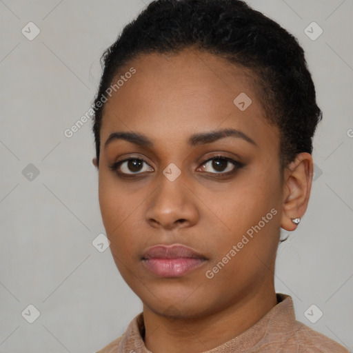 Neutral black young-adult female with short  black hair and brown eyes