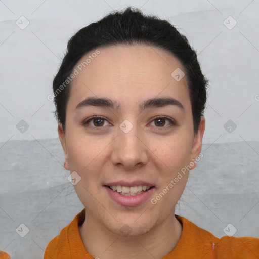 Joyful white young-adult female with short  brown hair and brown eyes