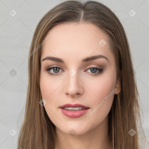 Neutral white young-adult female with long  brown hair and brown eyes