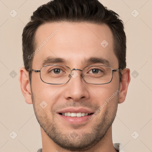 Joyful white young-adult male with short  brown hair and brown eyes