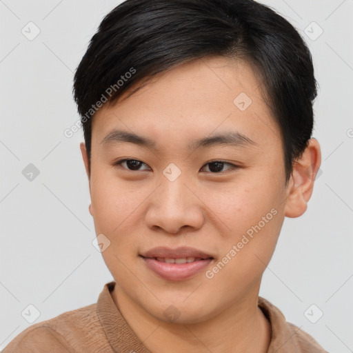 Joyful asian young-adult female with short  brown hair and brown eyes