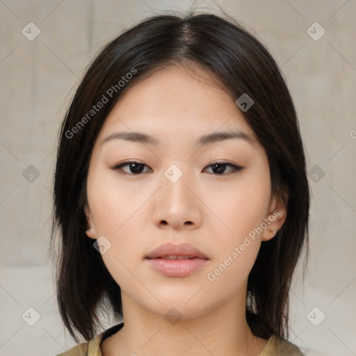 Neutral asian young-adult female with medium  brown hair and brown eyes