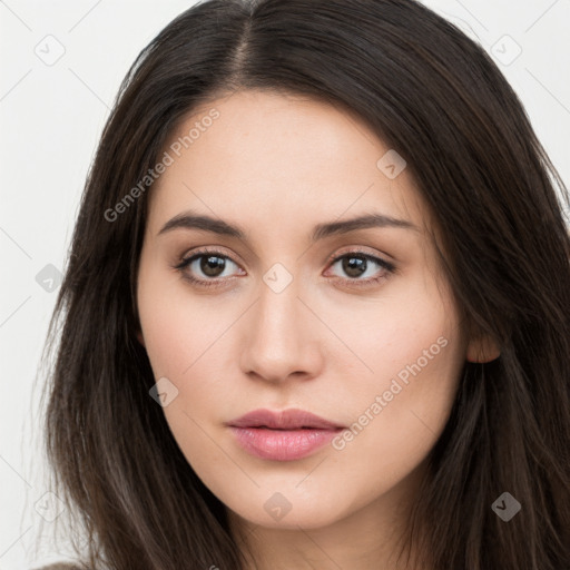 Neutral white young-adult female with long  brown hair and brown eyes