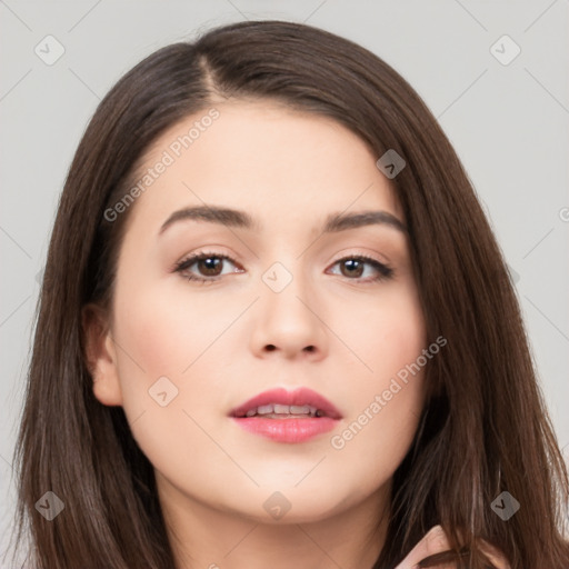 Neutral white young-adult female with long  brown hair and brown eyes