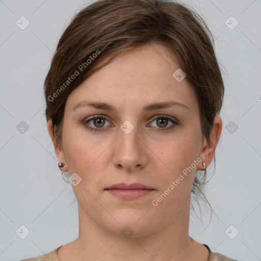 Neutral white young-adult female with medium  brown hair and grey eyes