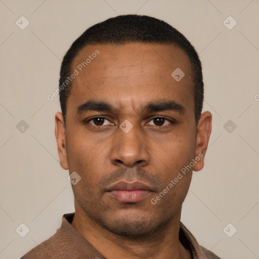 Neutral latino young-adult male with short  black hair and brown eyes