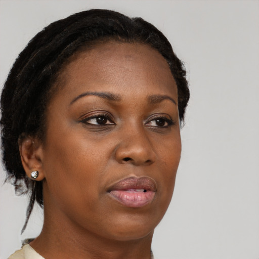 Neutral black young-adult female with medium  brown hair and brown eyes