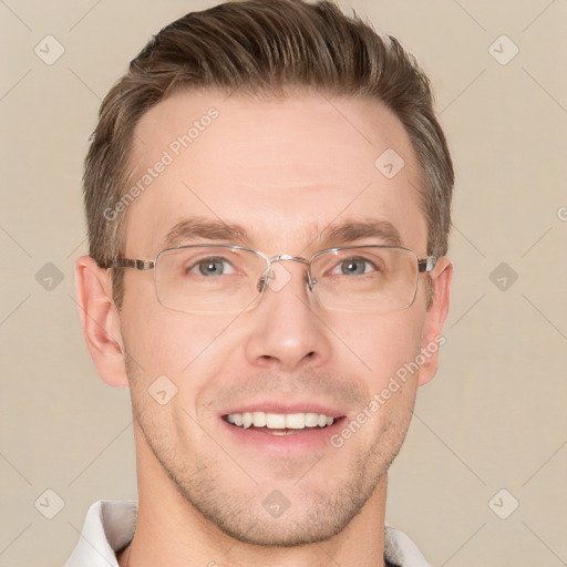 Joyful white adult male with short  brown hair and brown eyes