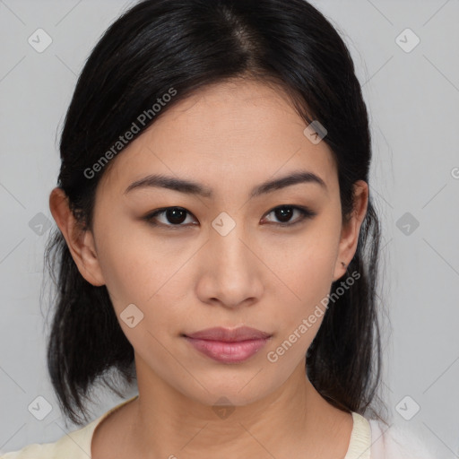 Neutral asian young-adult female with medium  brown hair and brown eyes