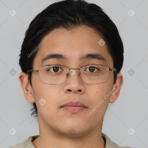 Neutral asian young-adult male with short  brown hair and brown eyes