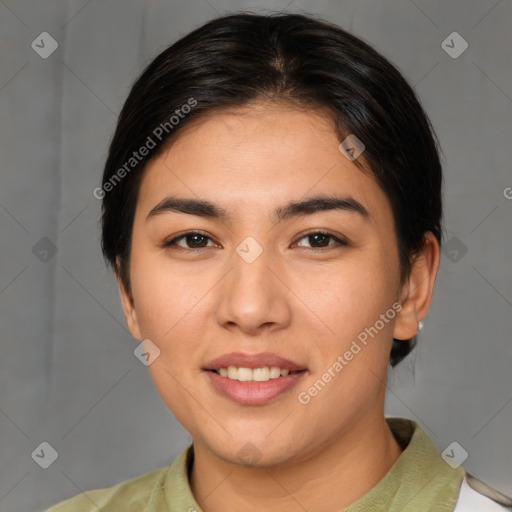 Joyful white young-adult female with short  brown hair and brown eyes