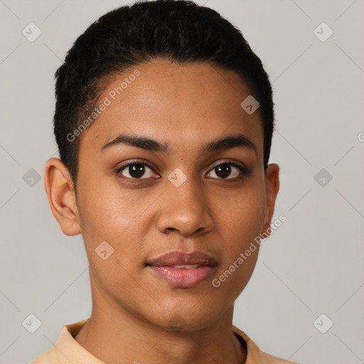 Joyful latino young-adult female with short  brown hair and brown eyes