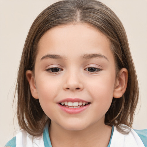 Joyful white child female with medium  brown hair and brown eyes