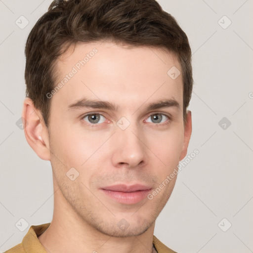 Neutral white young-adult male with short  brown hair and grey eyes