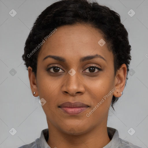 Joyful latino young-adult female with short  black hair and brown eyes