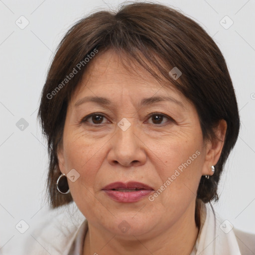 Joyful white adult female with medium  brown hair and brown eyes