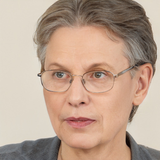 Neutral white middle-aged female with short  brown hair and blue eyes