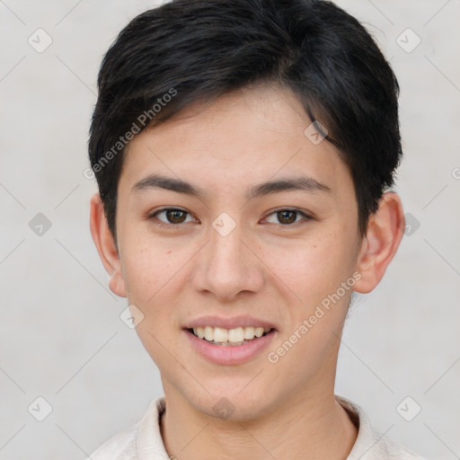 Joyful white young-adult female with short  brown hair and brown eyes
