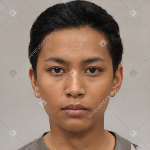 Neutral asian young-adult female with short  black hair and brown eyes