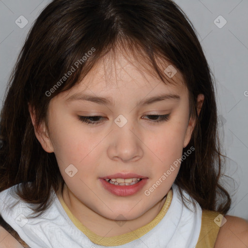 Joyful white child female with medium  brown hair and brown eyes