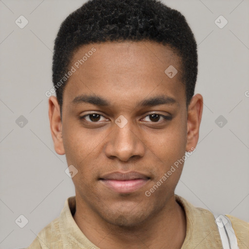 Joyful latino young-adult male with short  brown hair and brown eyes