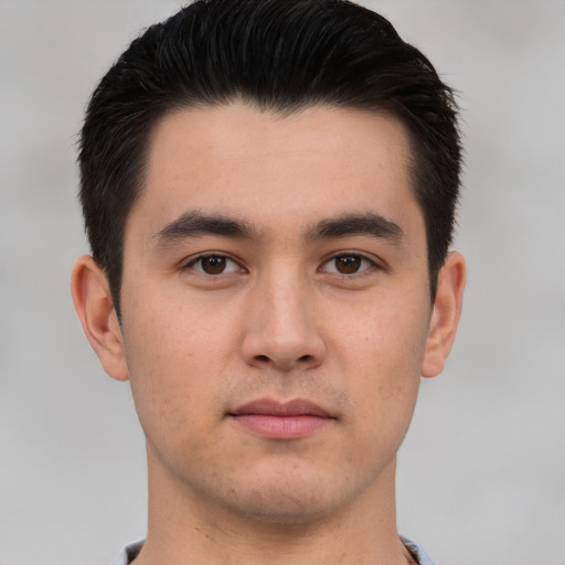 Neutral asian young-adult male with short  brown hair and brown eyes