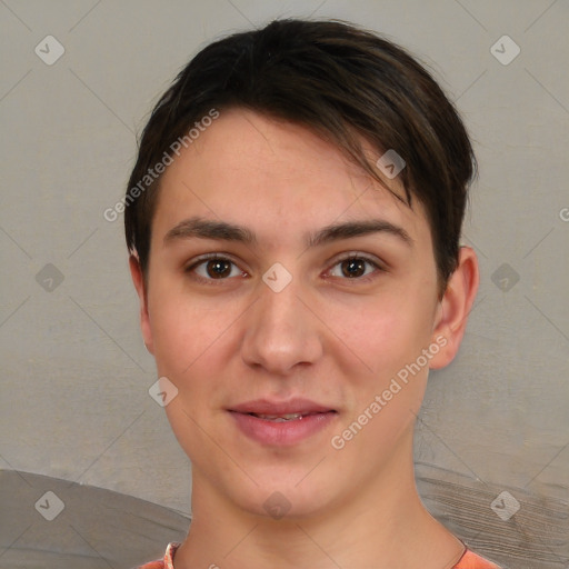 Joyful white young-adult female with short  brown hair and brown eyes