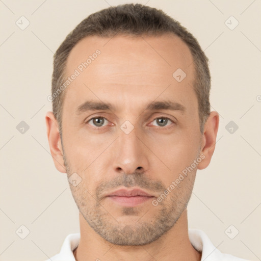 Neutral white adult male with short  brown hair and brown eyes