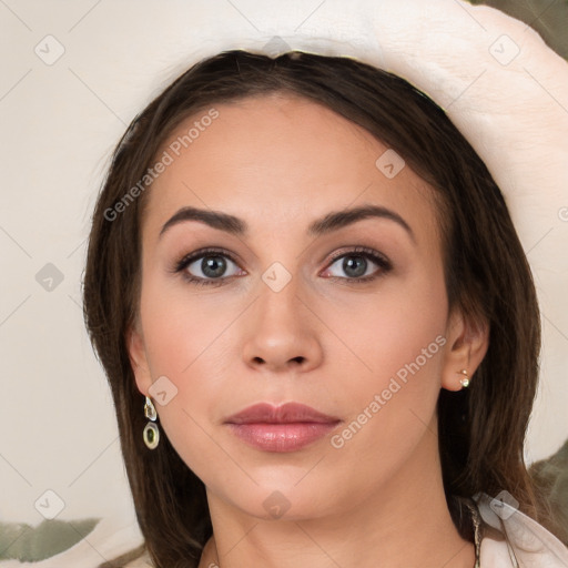 Neutral white young-adult female with medium  brown hair and brown eyes