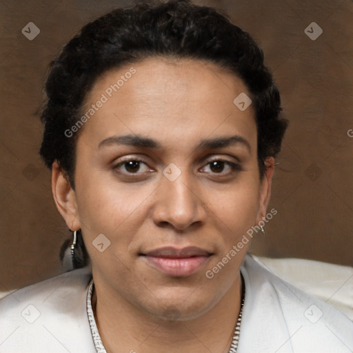 Joyful latino young-adult female with short  black hair and brown eyes