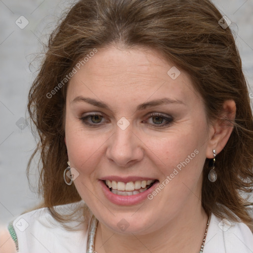 Joyful white young-adult female with medium  brown hair and green eyes