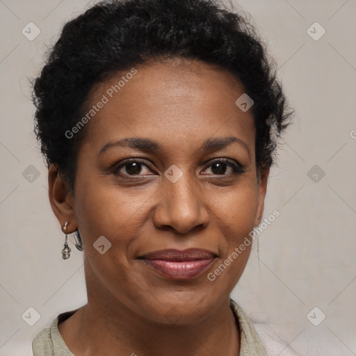 Joyful black adult female with short  brown hair and brown eyes