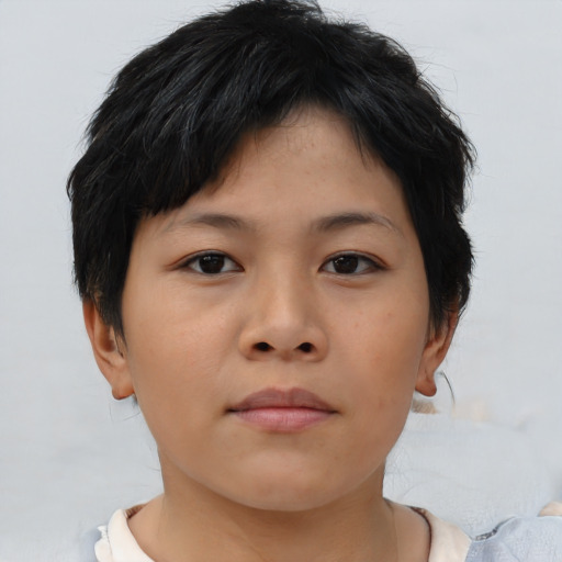Neutral asian young-adult female with short  brown hair and brown eyes