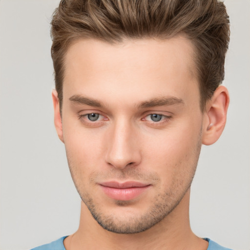 Neutral white young-adult male with short  brown hair and brown eyes