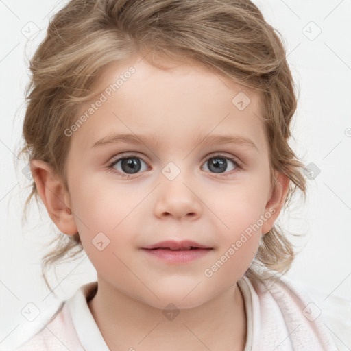 Neutral white child female with medium  brown hair and blue eyes