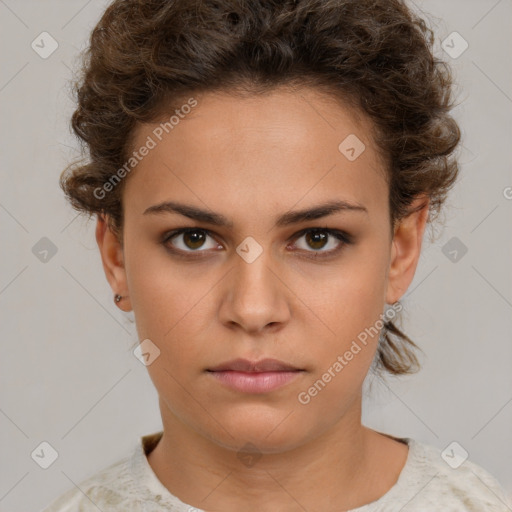 Neutral white young-adult female with short  brown hair and brown eyes